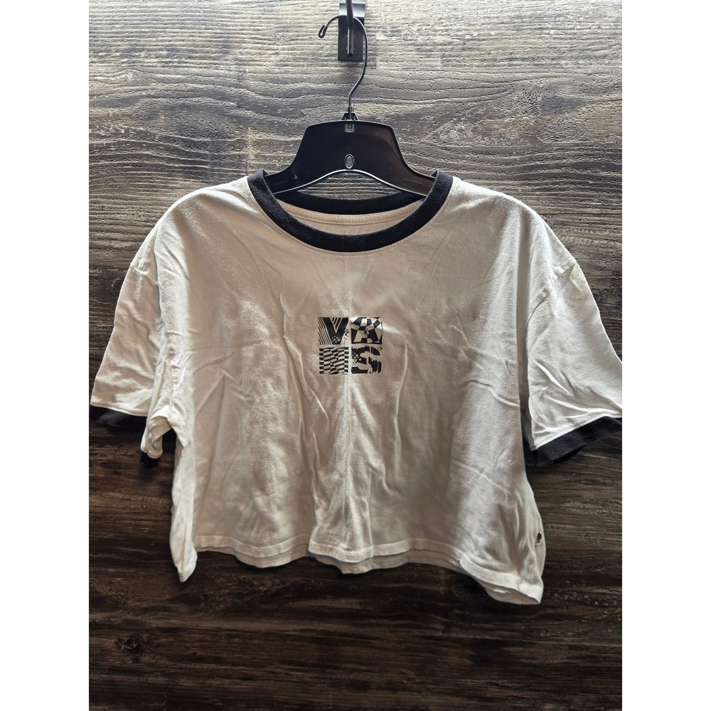 Vans Womens Cropped Ringer T-Shirt White Black Checkerboard Logo Graphic Medium